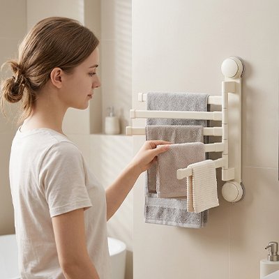 dame dépose serviette sur porte-serviettes de salle de bain crème 