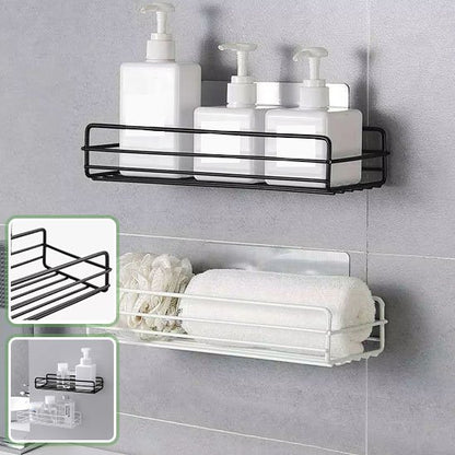 Etagere douche montrant avec et sans items sur la tablette