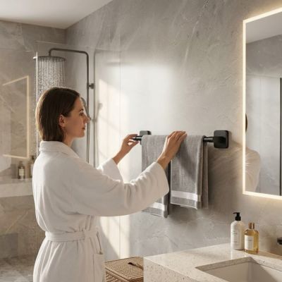 femme plaçant deux serviettes sur porte serviette mural