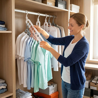 femme suspend des chemises verticalement economie espace