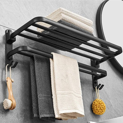 Porte serviettes noir démontrant plusieurs atouts: crochet, barre, tablette